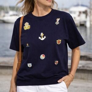 Bloomie's Express Womens Large Navy Patch Pullover USA‎ Made Nautical Vintage